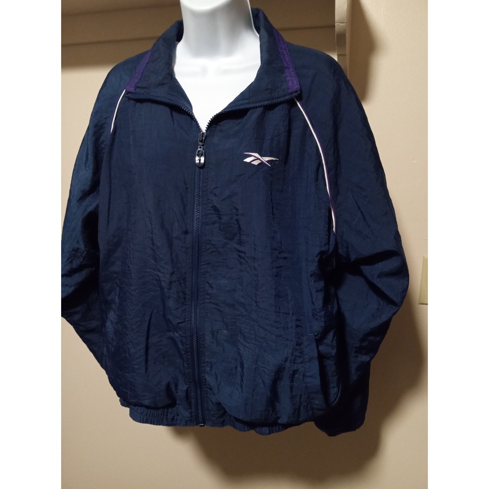 Vintage Reebok Windbreaker Jacket Navy‎ Blue Purple White Full Zip Women Large